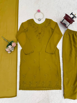 Mehendi Elegant Faux Georgette Pant Set with Intricate Thread Work & Dupatta ClothsVilla