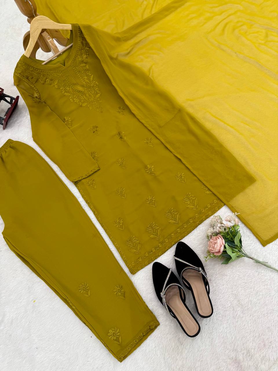 Mehendi Elegant Faux Georgette Pant Set with Intricate Thread Work & Dupatta ClothsVilla