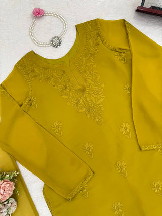 Mehendi Elegant Faux Georgette Pant Set with Intricate Thread Work & Dupatta ClothsVilla
