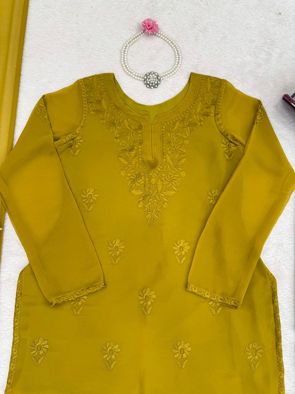 Mehendi Elegant Faux Georgette Pant Set with Intricate Thread Work & Dupatta ClothsVilla