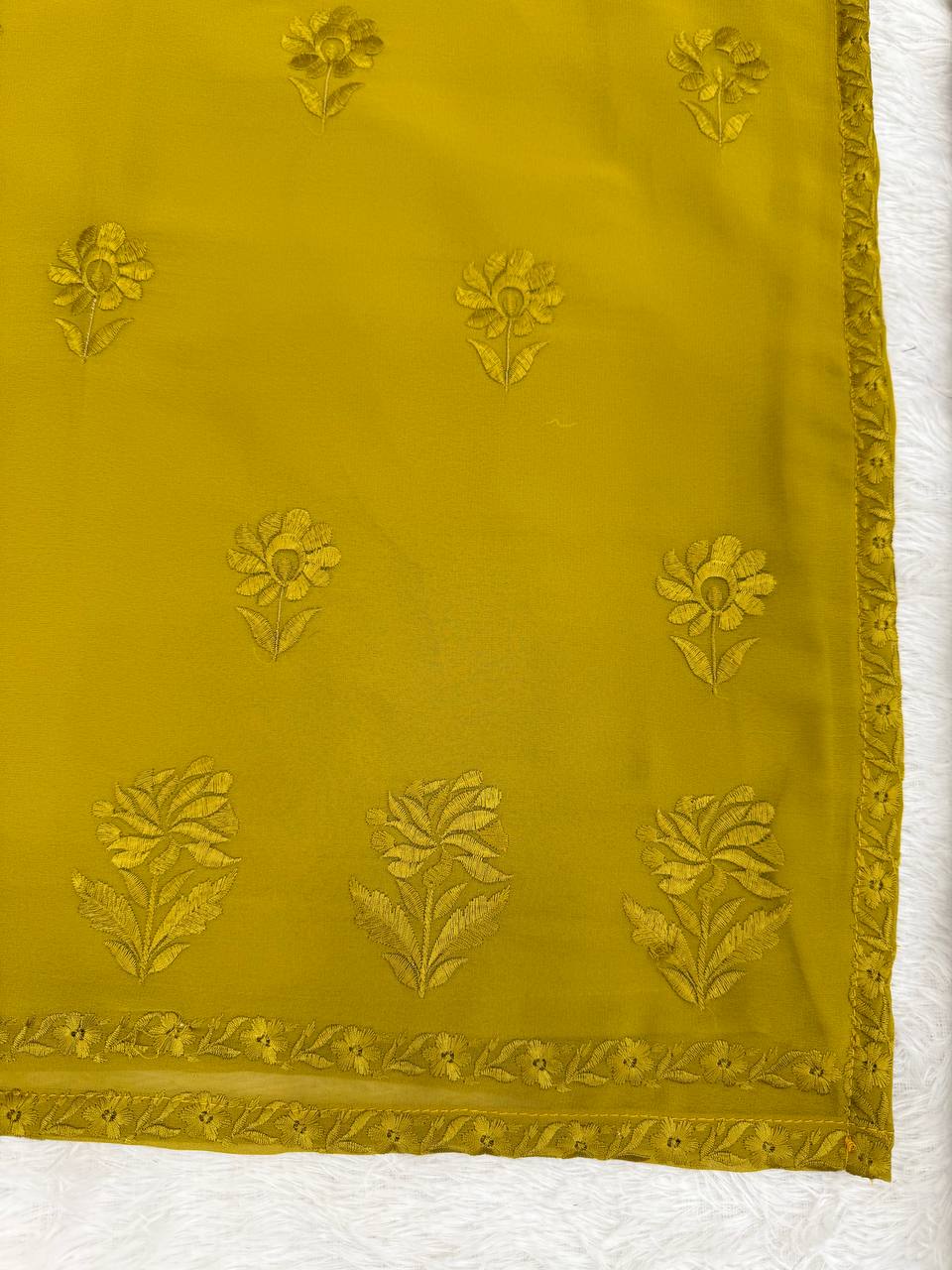 Mehendi Elegant Faux Georgette Pant Set with Intricate Thread Work & Dupatta ClothsVilla