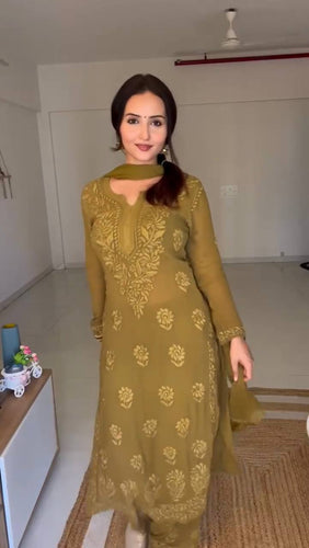 Mehendi Elegant Faux Georgette Pant Set with Intricate Thread Work & Dupatta ClothsVilla