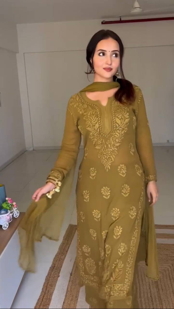 Mehendi Elegant Faux Georgette Pant Set with Intricate Thread Work & Dupatta ClothsVilla Main image