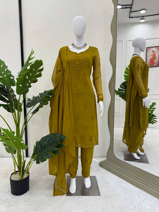 Mehendi Elegant Faux Georgette Pant Set with Intricate Thread Work & Dupatta ClothsVilla