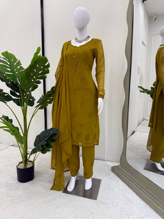 Mehendi Elegant Faux Georgette Pant Set with Intricate Thread Work & Dupatta ClothsVilla