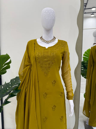 Mehendi Elegant Faux Georgette Pant Set with Intricate Thread Work & Dupatta ClothsVilla