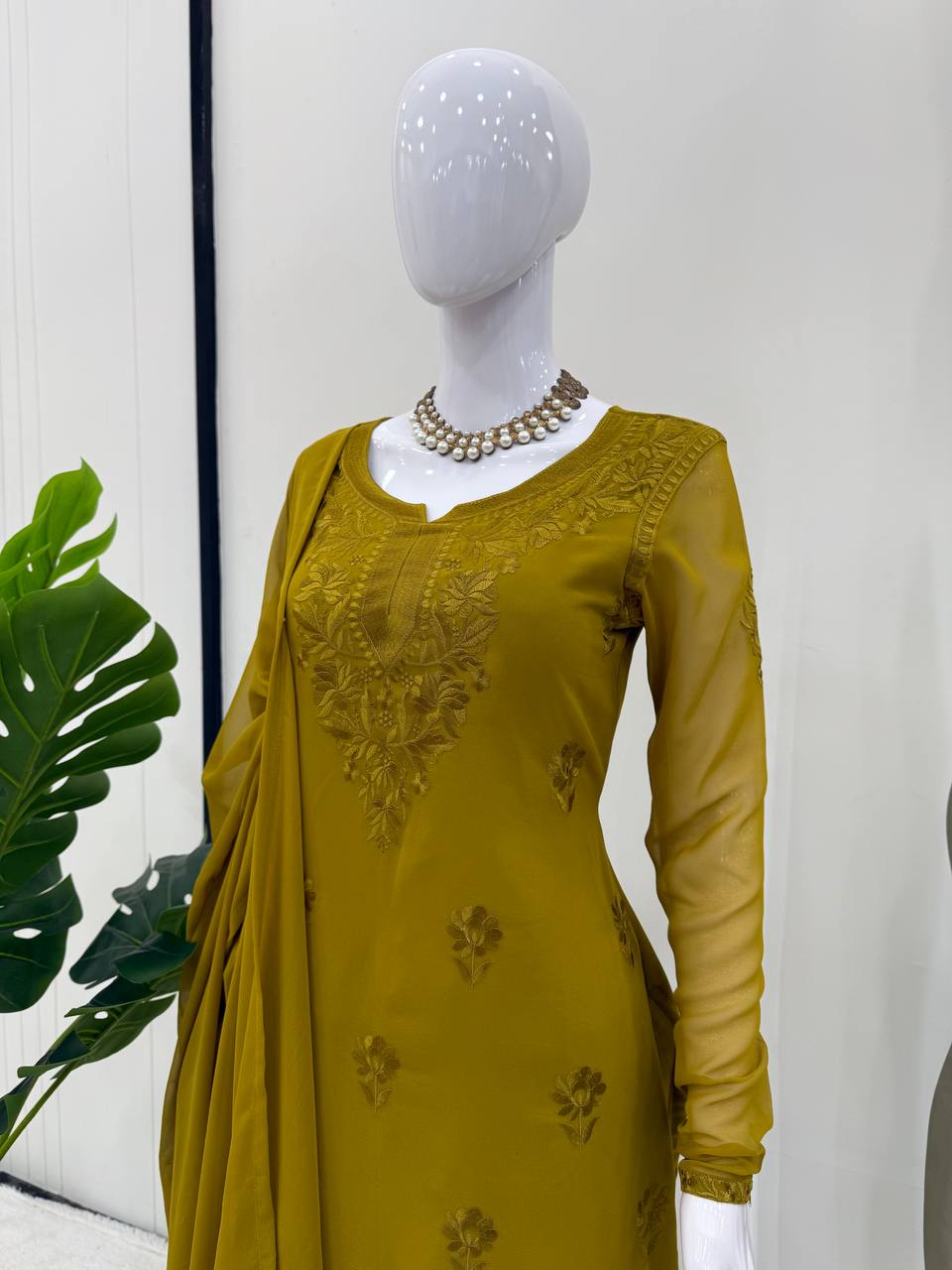 Mehendi Elegant Faux Georgette Pant Set with Intricate Thread Work & Dupatta ClothsVilla
