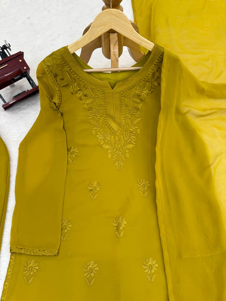 Mehendi Elegant Faux Georgette Pant Set with Intricate Thread Work & Dupatta ClothsVilla