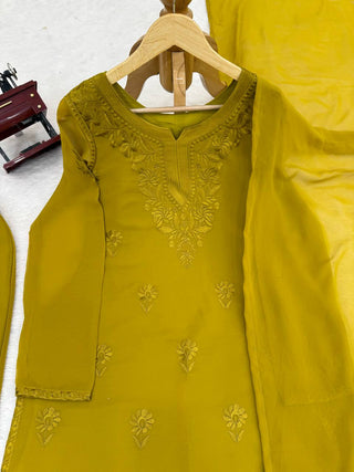 Mehendi Elegant Faux Georgette Pant Set with Intricate Thread Work & Dupatta ClothsVilla