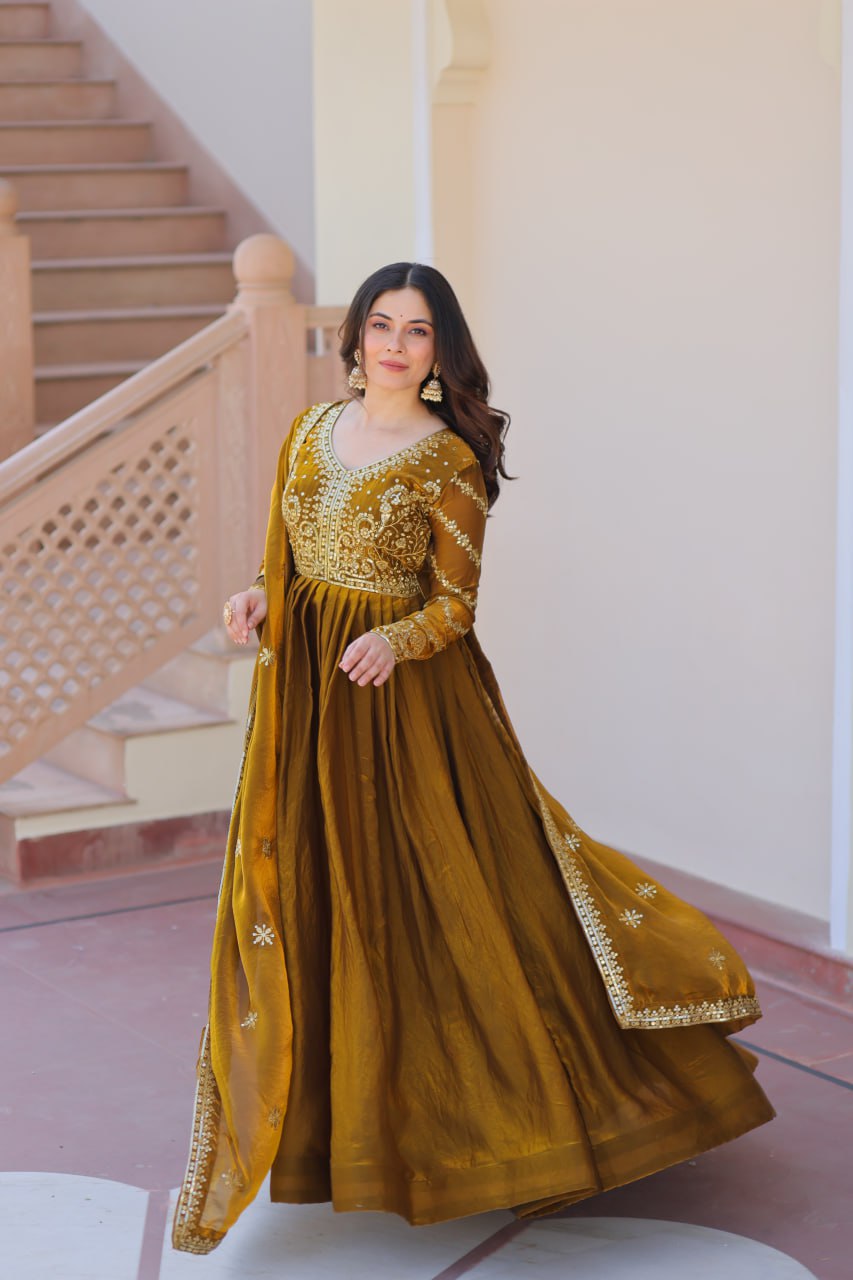 Mehendi Elegant Fendy Fabric Embroidered Gown with Dupatta Set ClothsVilla
