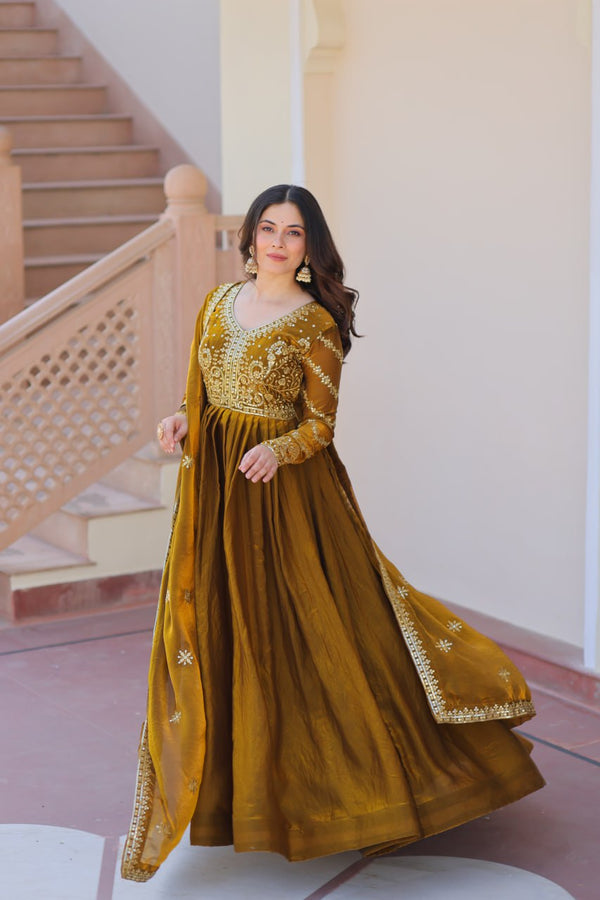 Mehendi Elegant Fendy Fabric Embroidered Gown with Dupatta Set ClothsVilla
