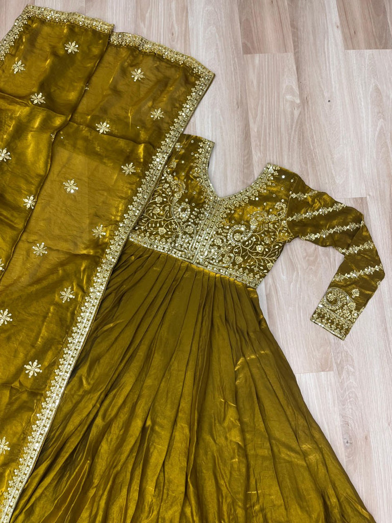 Mehendi Elegant Fendy Fabric Embroidered Gown with Dupatta Set ClothsVilla