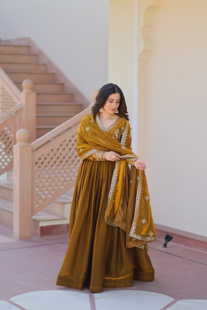 Mehendi Elegant Fendy Fabric Embroidered Gown with Dupatta Set ClothsVilla