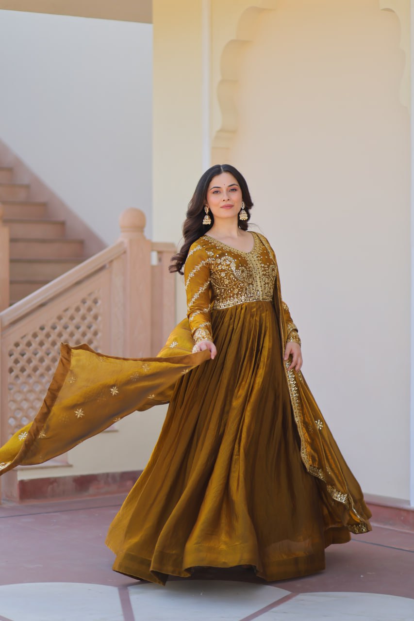 Mehendi Elegant Fendy Fabric Embroidered Gown with Dupatta Set ClothsVilla