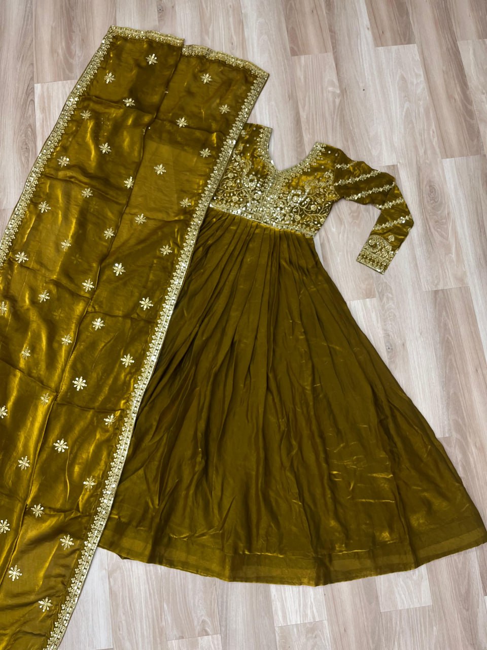 Mehendi Elegant Fendy Fabric Embroidered Gown with Dupatta Set ClothsVilla