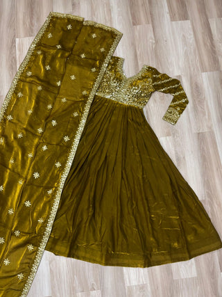 Mehendi Elegant Fendy Fabric Embroidered Gown with Dupatta Set ClothsVilla