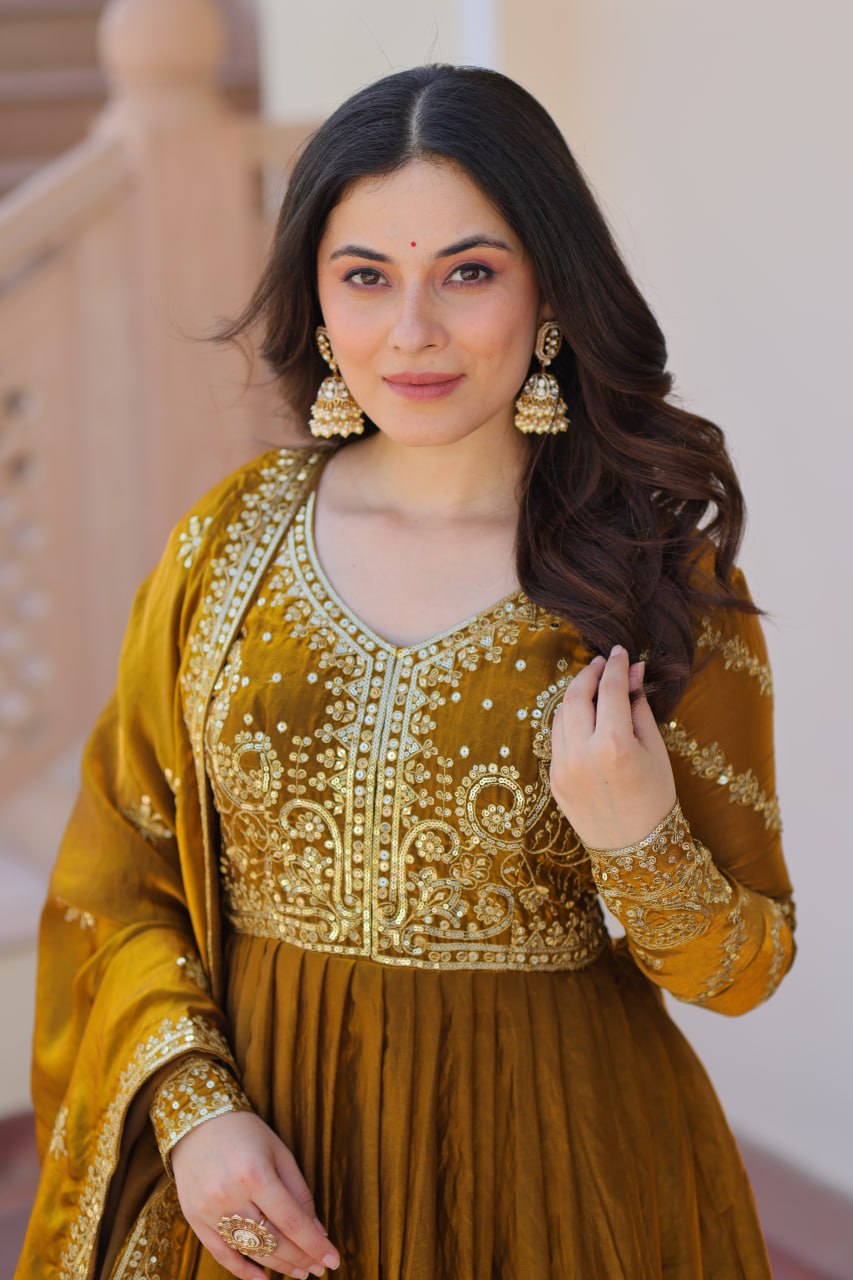 Mehendi Elegant Fendy Fabric Embroidered Gown with Dupatta Set ClothsVilla