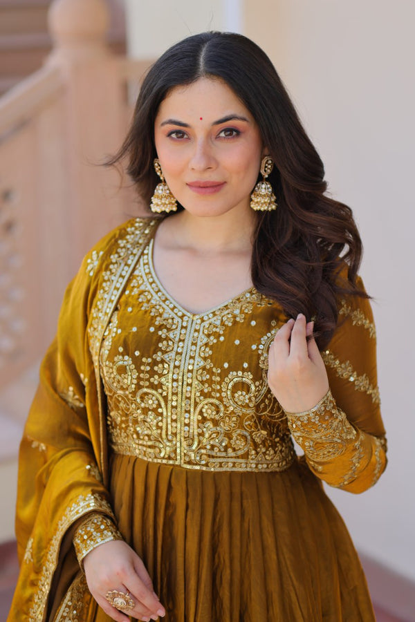 Mehendi Elegant Fendy Fabric Embroidered Gown with Dupatta Set ClothsVilla