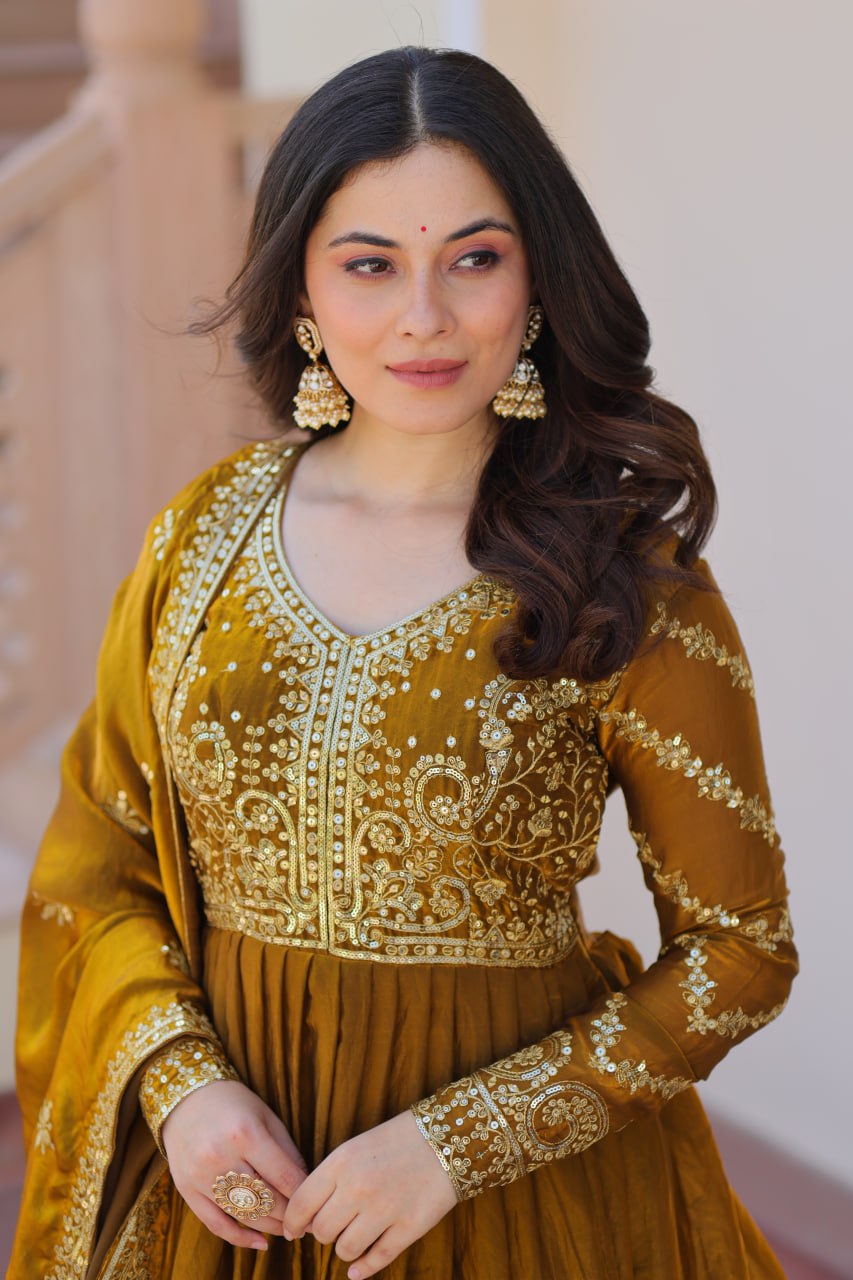 Mehendi Elegant Fendy Fabric Embroidered Gown with Dupatta Set ClothsVilla