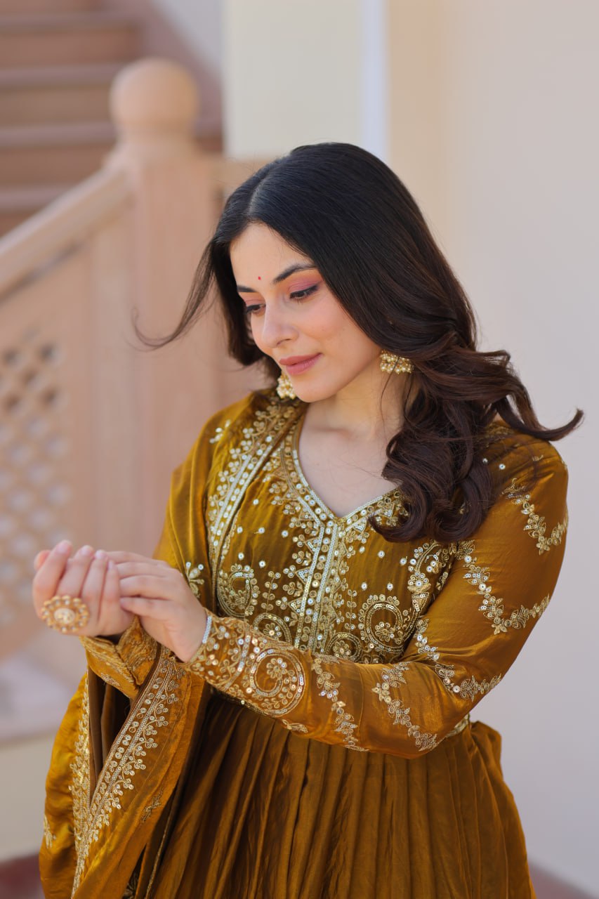 Mehendi Elegant Fendy Fabric Embroidered Gown with Dupatta Set ClothsVilla