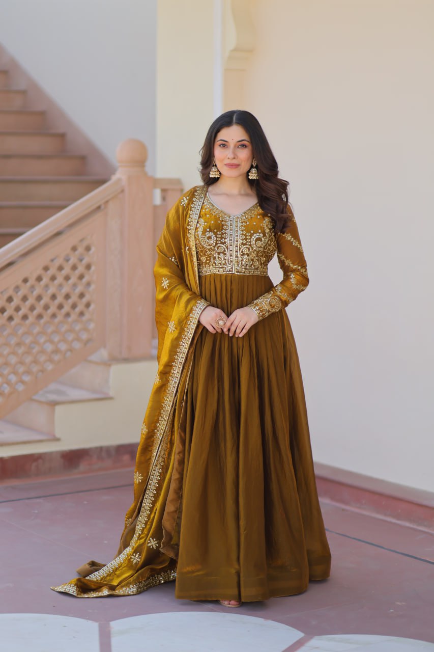 Mehendi Elegant Fendy Fabric Embroidered Gown with Dupatta Set ClothsVilla