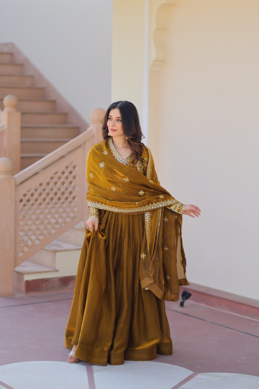 Mehendi Elegant Fendy Fabric Embroidered Gown with Dupatta Set ClothsVilla