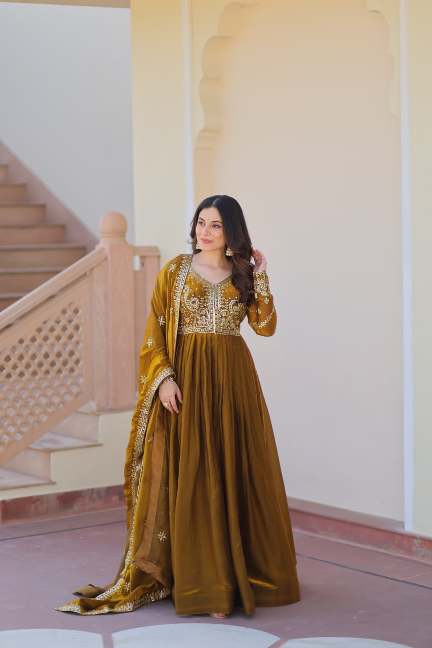 Mehendi Elegant Fendy Fabric Embroidered Gown with Dupatta Set ClothsVilla