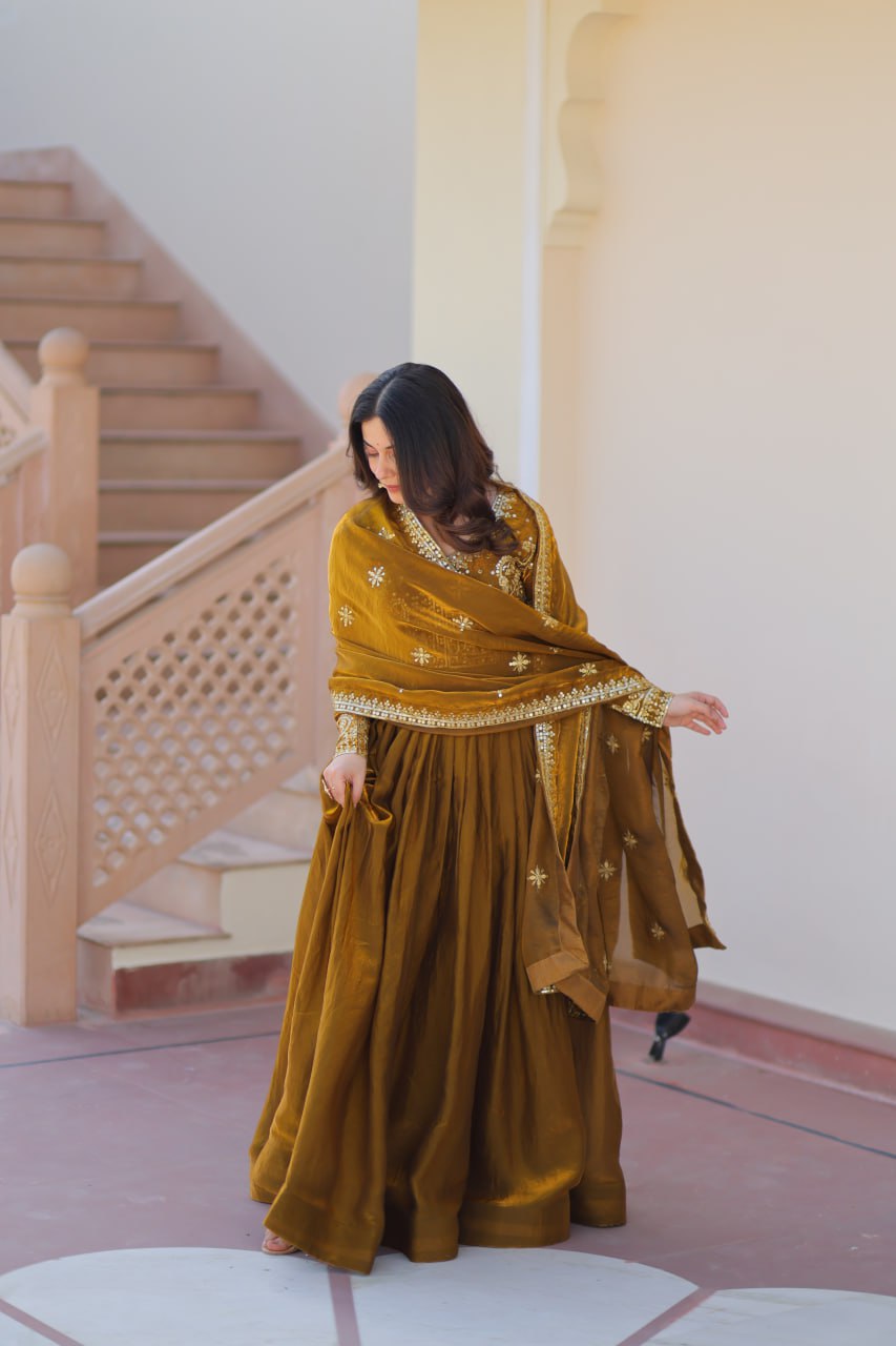 Mehendi Elegant Fendy Fabric Embroidered Gown with Dupatta Set ClothsVilla