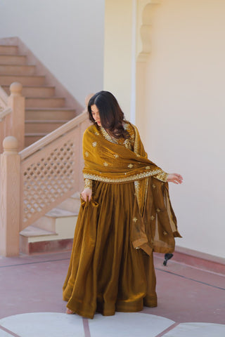Mehendi Elegant Fendy Fabric Embroidered Gown with Dupatta Set ClothsVilla