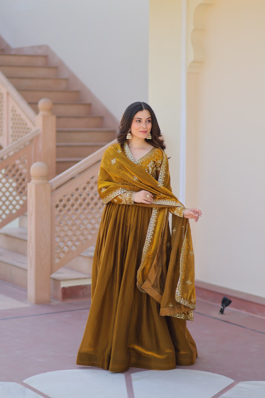 Mehendi Elegant Fendy Fabric Embroidered Gown with Dupatta Set ClothsVilla