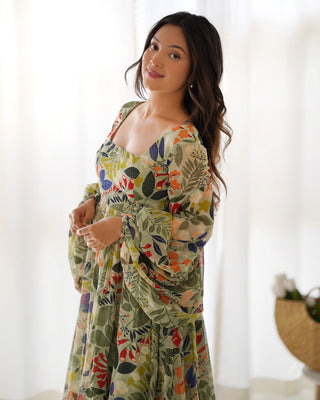 Mehendi Elegant Floral Fox Georgette Maxi Dress – Fully Stitched & Ready to Wear