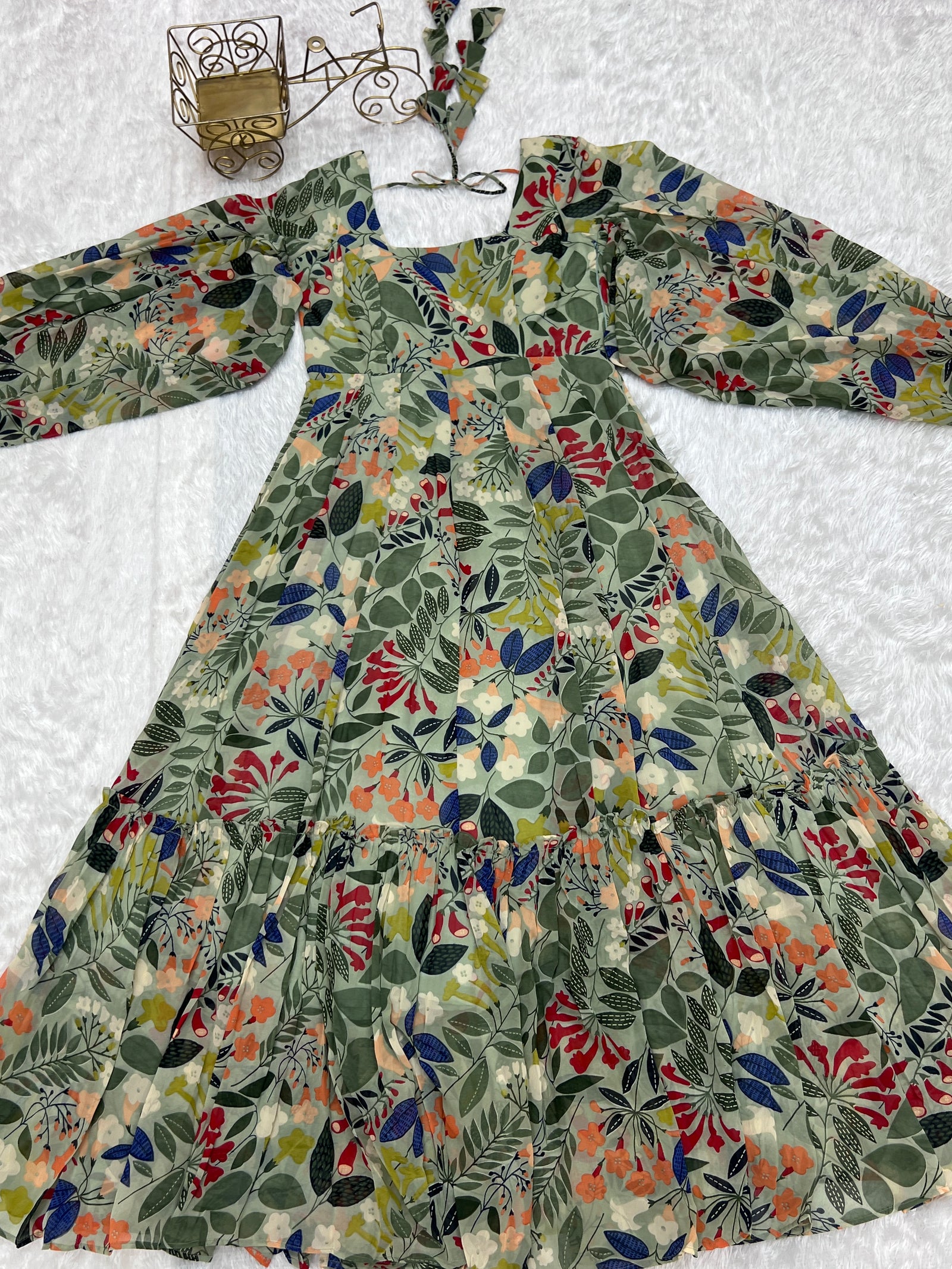 Mehendi Elegant Floral Fox Georgette Maxi Dress – Fully Stitched & Ready to Wear