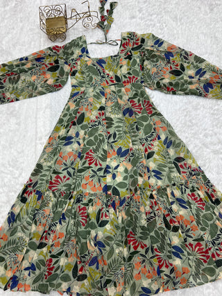 Mehendi Elegant Floral Fox Georgette Maxi Dress – Fully Stitched & Ready to Wear