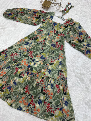 Mehendi Elegant Floral Fox Georgette Maxi Dress – Fully Stitched & Ready to Wear