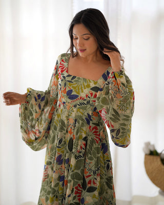 Mehendi Elegant Floral Fox Georgette Maxi Dress – Fully Stitched & Ready to Wear