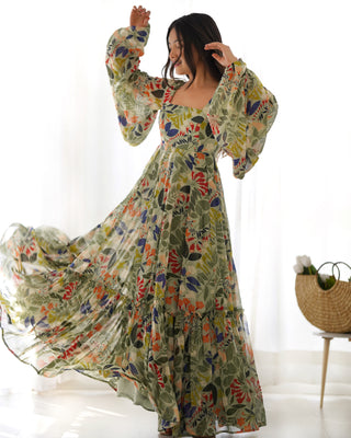 Mehendi Elegant Floral Fox Georgette Maxi Dress – Fully Stitched & Ready to Wear