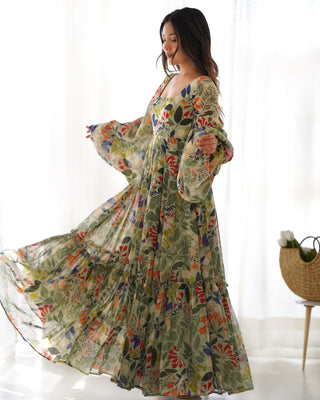 Mehendi Elegant Floral Fox Georgette Maxi Dress – Fully Stitched & Ready to Wear