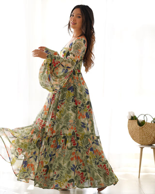Mehendi Elegant Floral Fox Georgette Maxi Dress – Fully Stitched & Ready to Wear