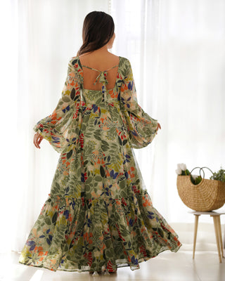 Mehendi Elegant Floral Fox Georgette Maxi Dress – Fully Stitched & Ready to Wear