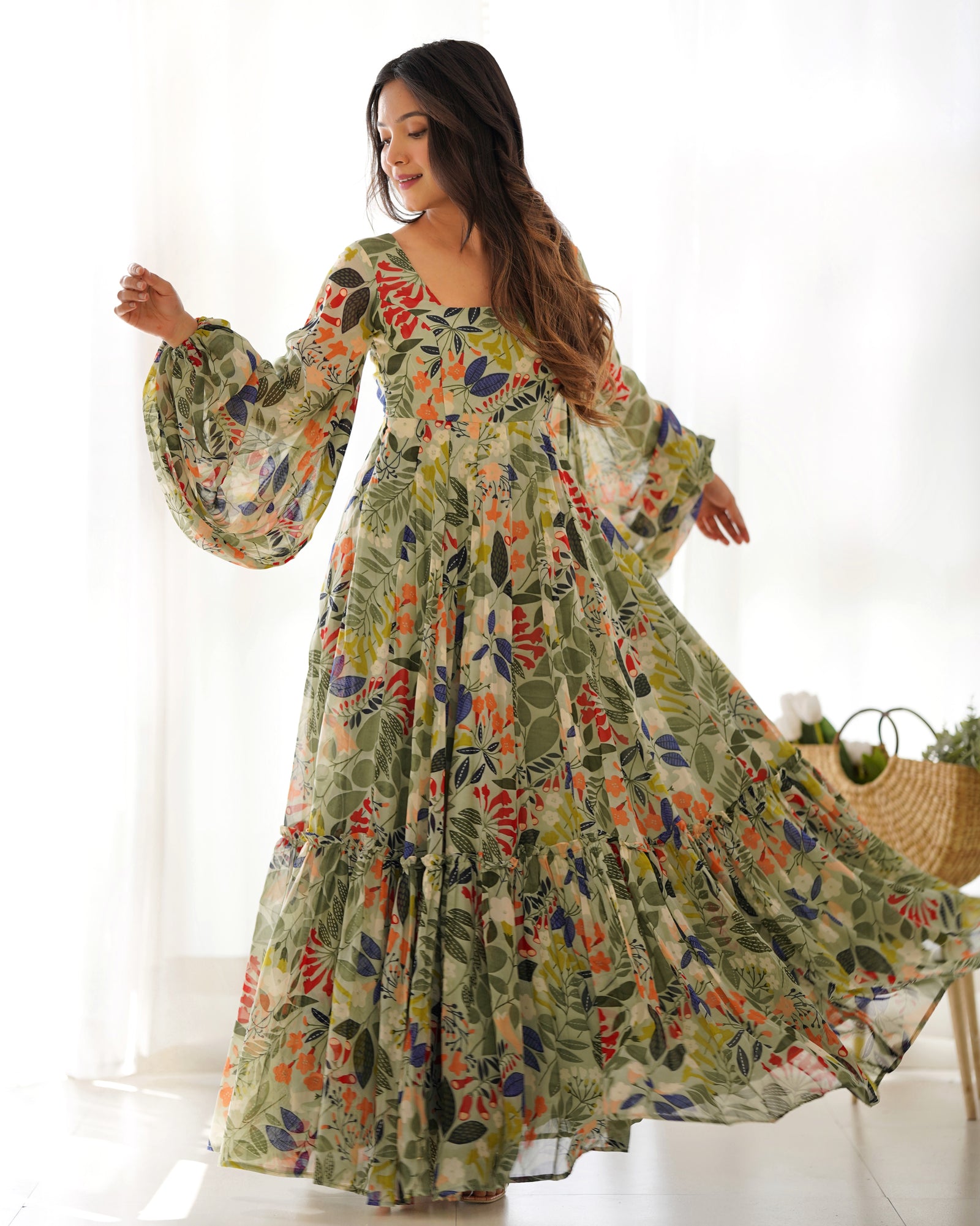 Mehendi Elegant Floral Fox Georgette Maxi Dress – Fully Stitched & Ready to Wear