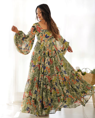 Mehendi Elegant Floral Fox Georgette Maxi Dress – Fully Stitched & Ready to Wear