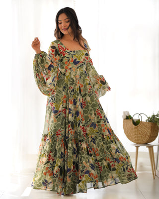 Mehendi Elegant Floral Fox Georgette Maxi Dress – Fully Stitched & Ready to Wear