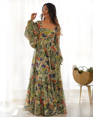 Mehendi Elegant Floral Fox Georgette Maxi Dress – Fully Stitched & Ready to Wear