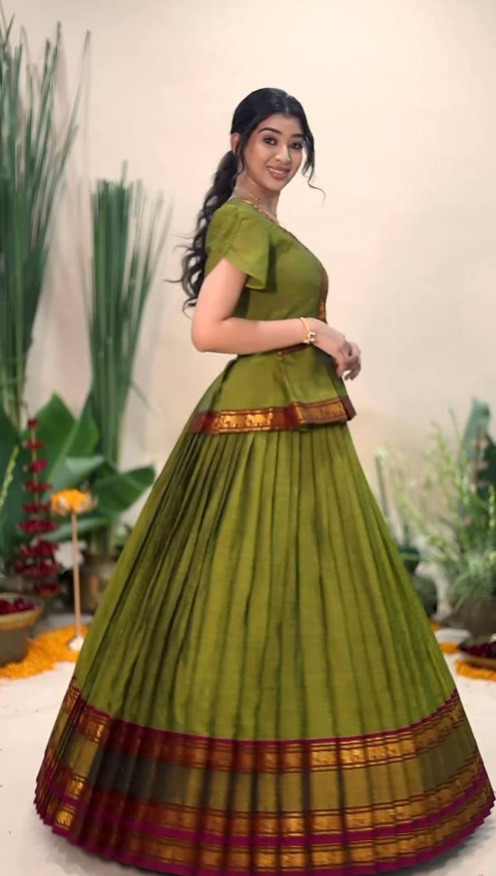 Mehendi Elegant Jacquard Silk Lehenga Set ClothsVilla