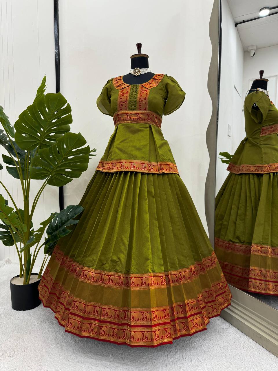 Mehendi Elegant Jacquard Silk Lehenga Set ClothsVilla