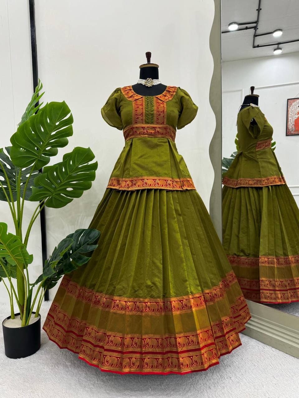 Mehendi Elegant Jacquard Silk Lehenga Set ClothsVilla