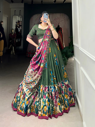 Mehendi Elegant Kalamkari Tussar Silk Lehenga Set with Foil Work & Gotta Patti Dupatta