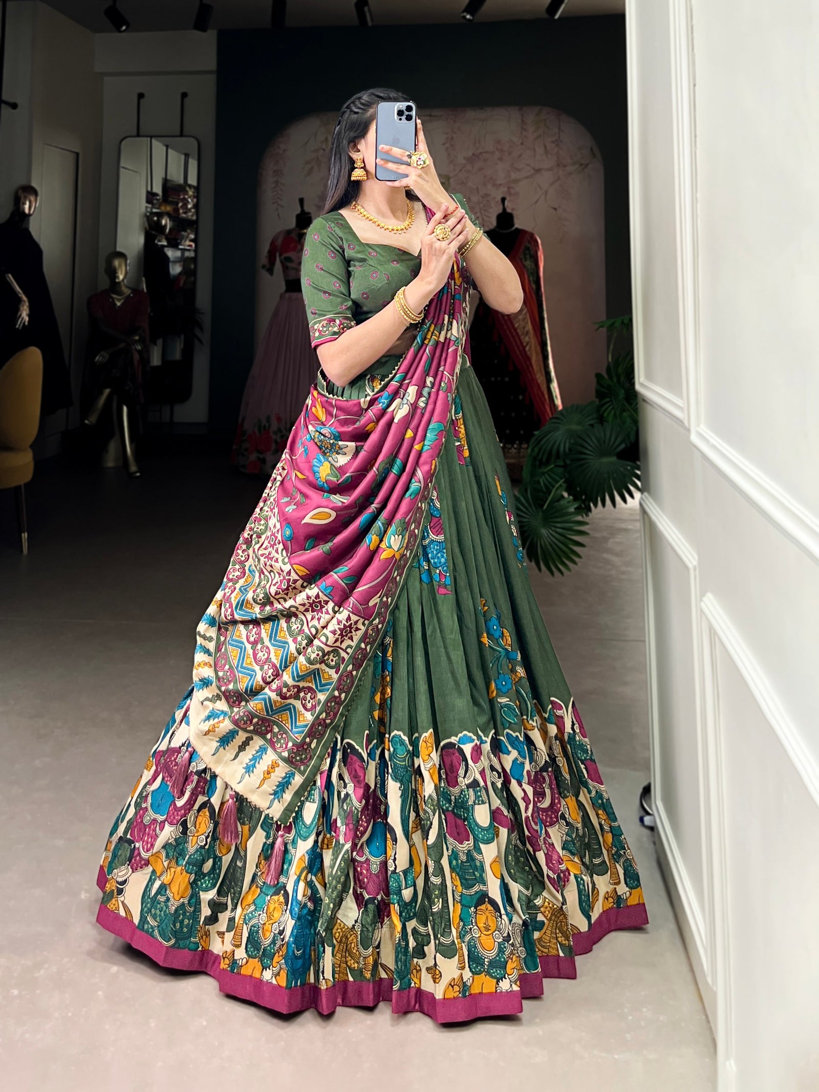Mehendi Elegant Kalamkari Tussar Silk Lehenga Set with Foil Work & Gotta Patti Dupatta