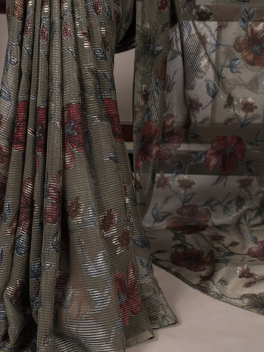 Mehendi Elegant Lurex Brasso Saree with Floral Viscose Brasso Work & Silk Blouse Piece ClothsVilla