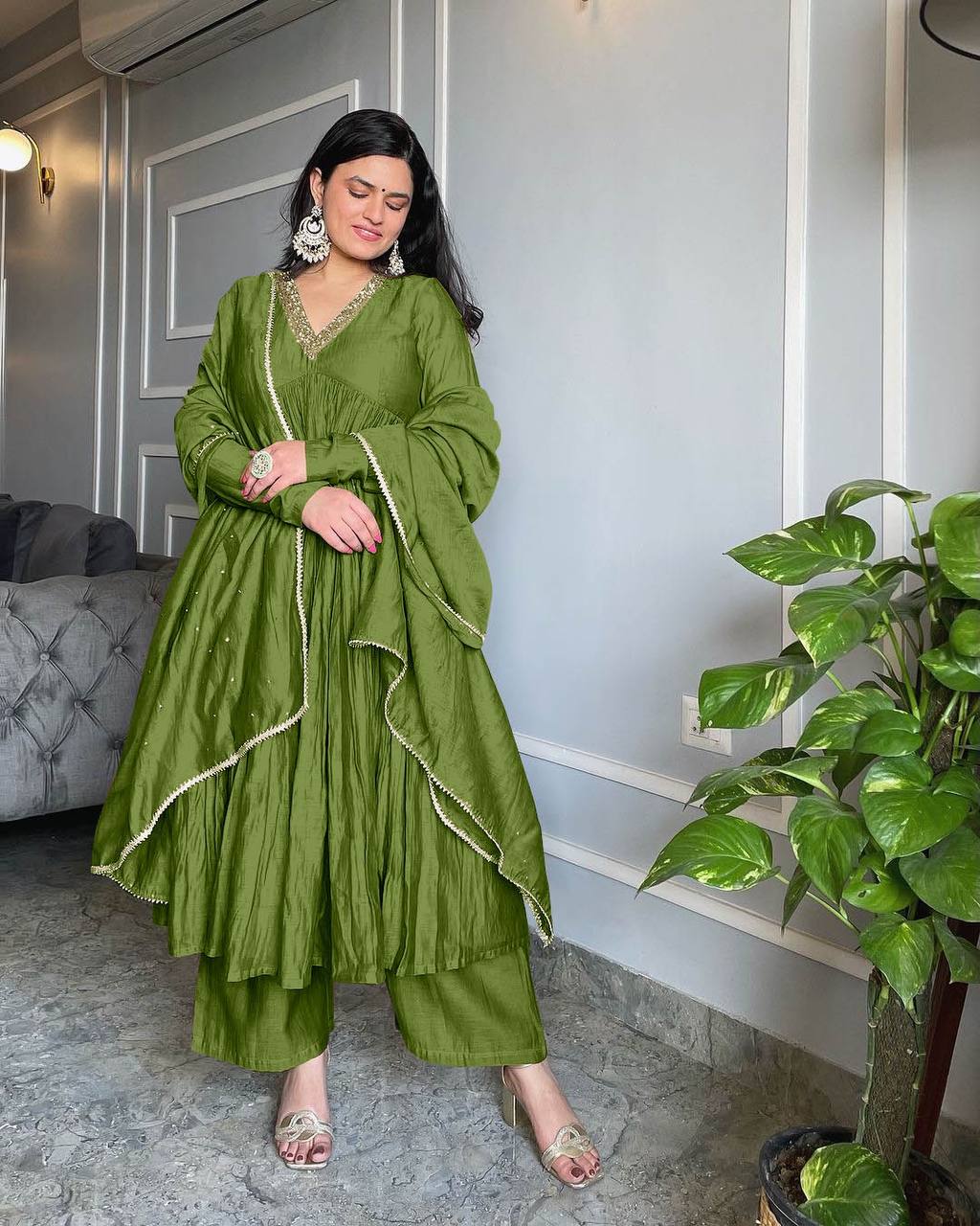 Mehendi Elegant Party Wear Alia Cut Anarkali Gown Set with Dupatta & Bottom Clothsvilla Main image